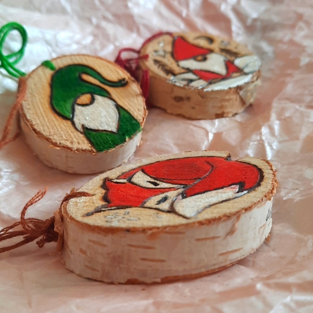 SOLD Fox and gnome ornaments